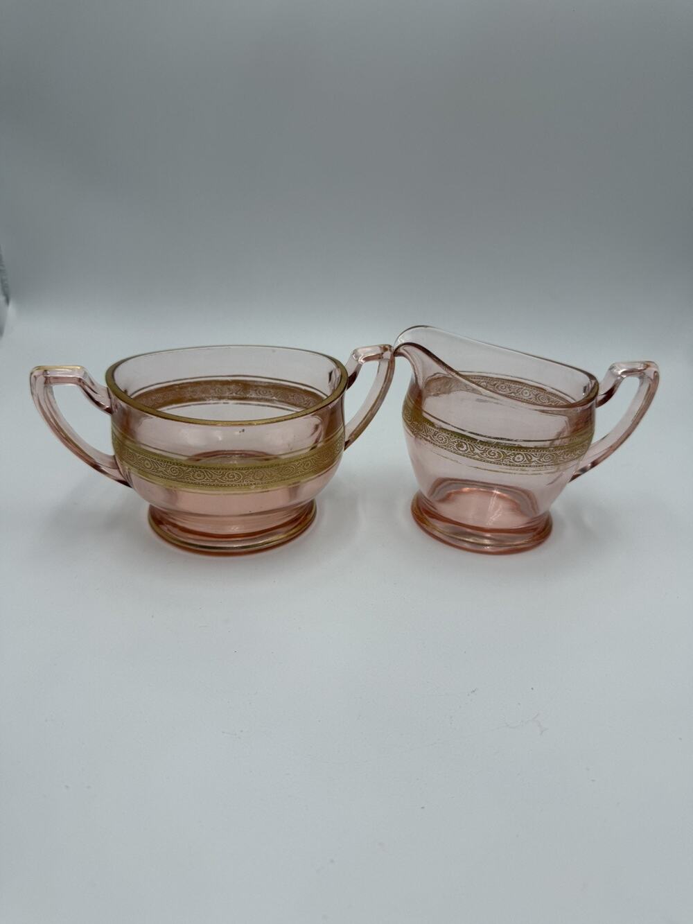Vintage Pink Depression Glass Art Deco Sugar Bowl and Creamer